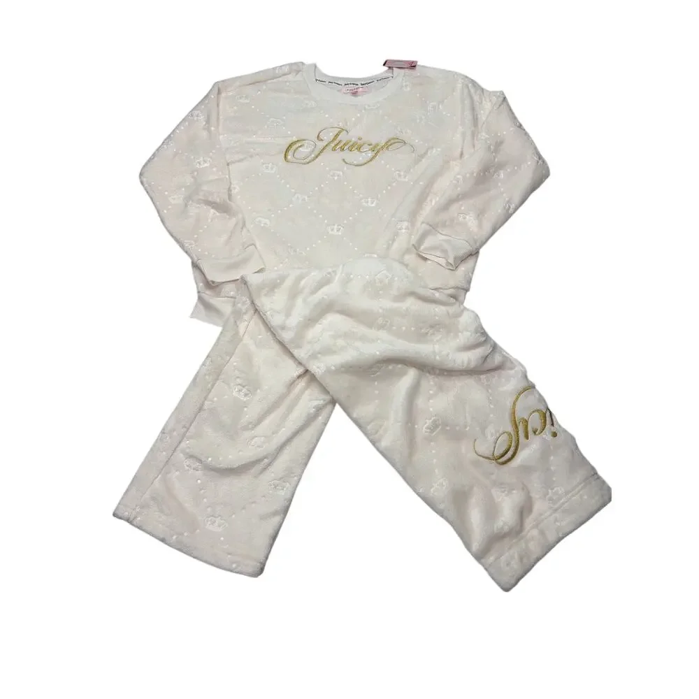 NWT Juicy Couture fuzzy fleece 2 pc set. crown embossed, Juicy chest, butt. Sz L